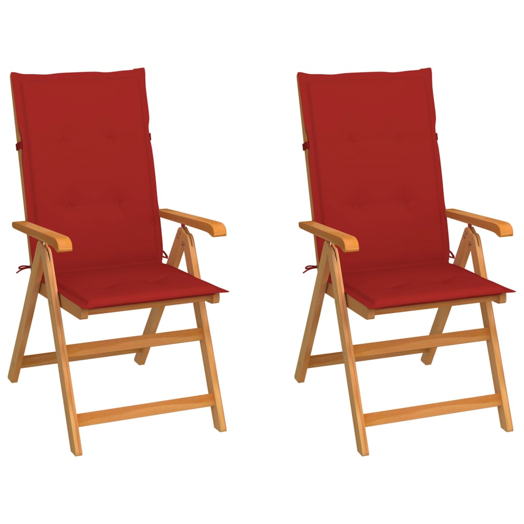 Klappstühle, 2 Stück, mit roten Kissen, aus massivem Teakholz