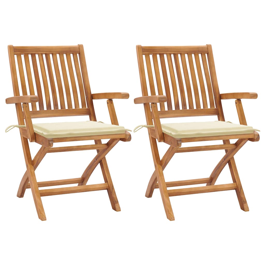 Klappstühle 2 Stk. mit Cremeweißen Kissen Teak Massivholz