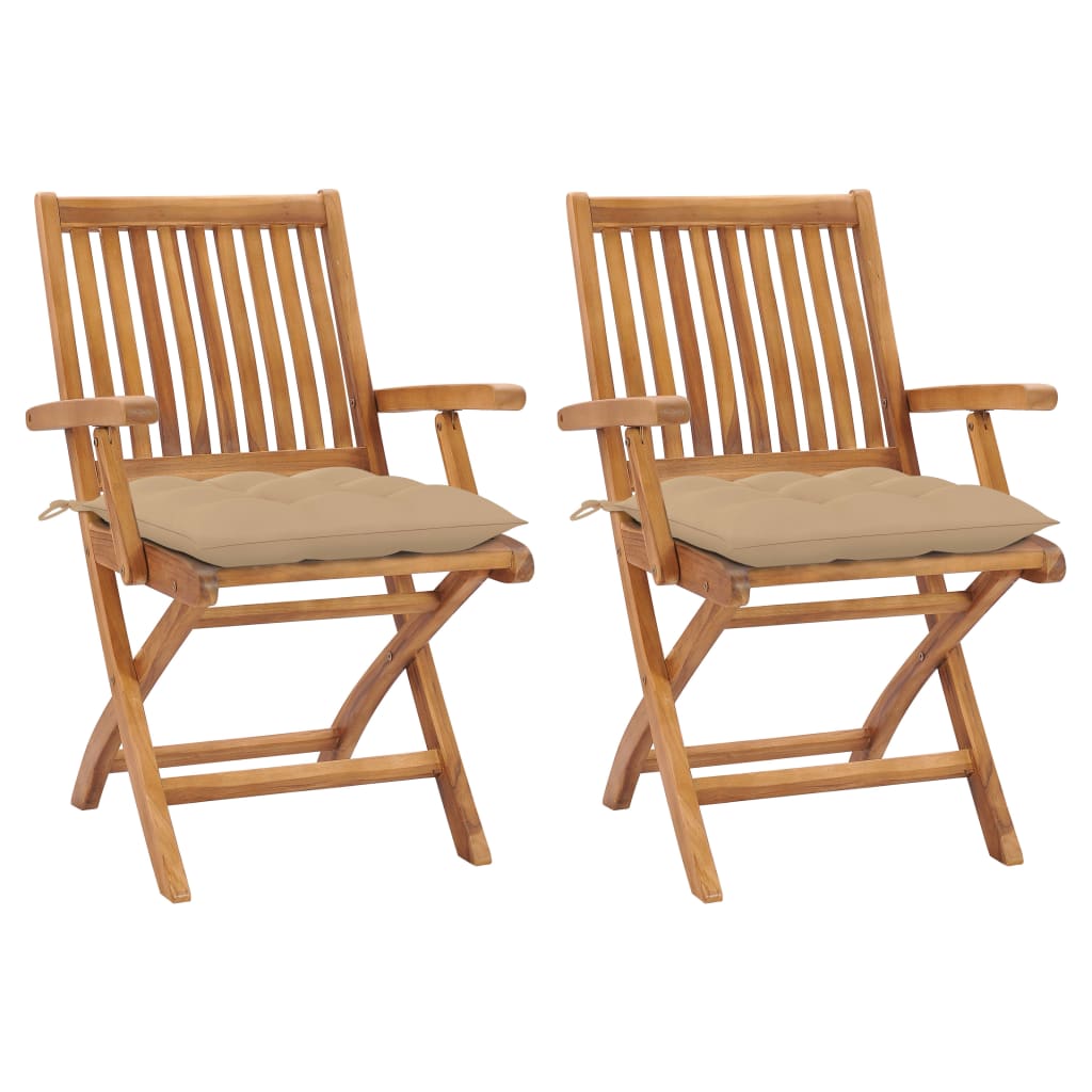 Gartenstühle 2 Stk. mit Beige Kissen Massivholz Teak