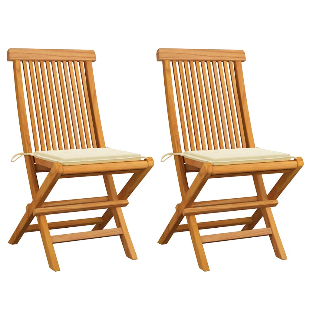 Klappstühle mit cremefarbenen Kissen, 2 Stück, Massivholz Teakholz