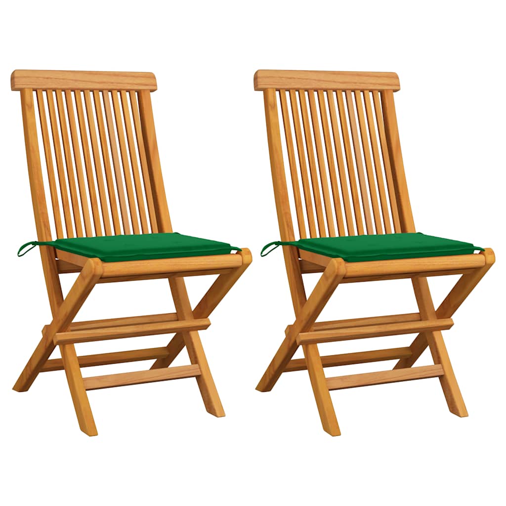 Klappstühle mit grünen Kissen, 2 Stück, Massivholz Teakholz
