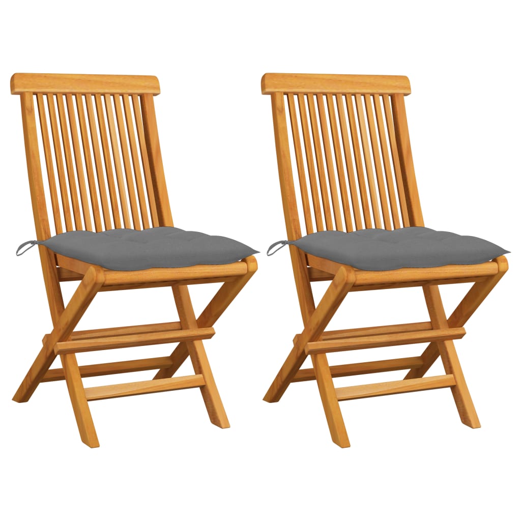 Klappstühle mit grauen Kissen, 2 Stück, Massivholz Teakholz