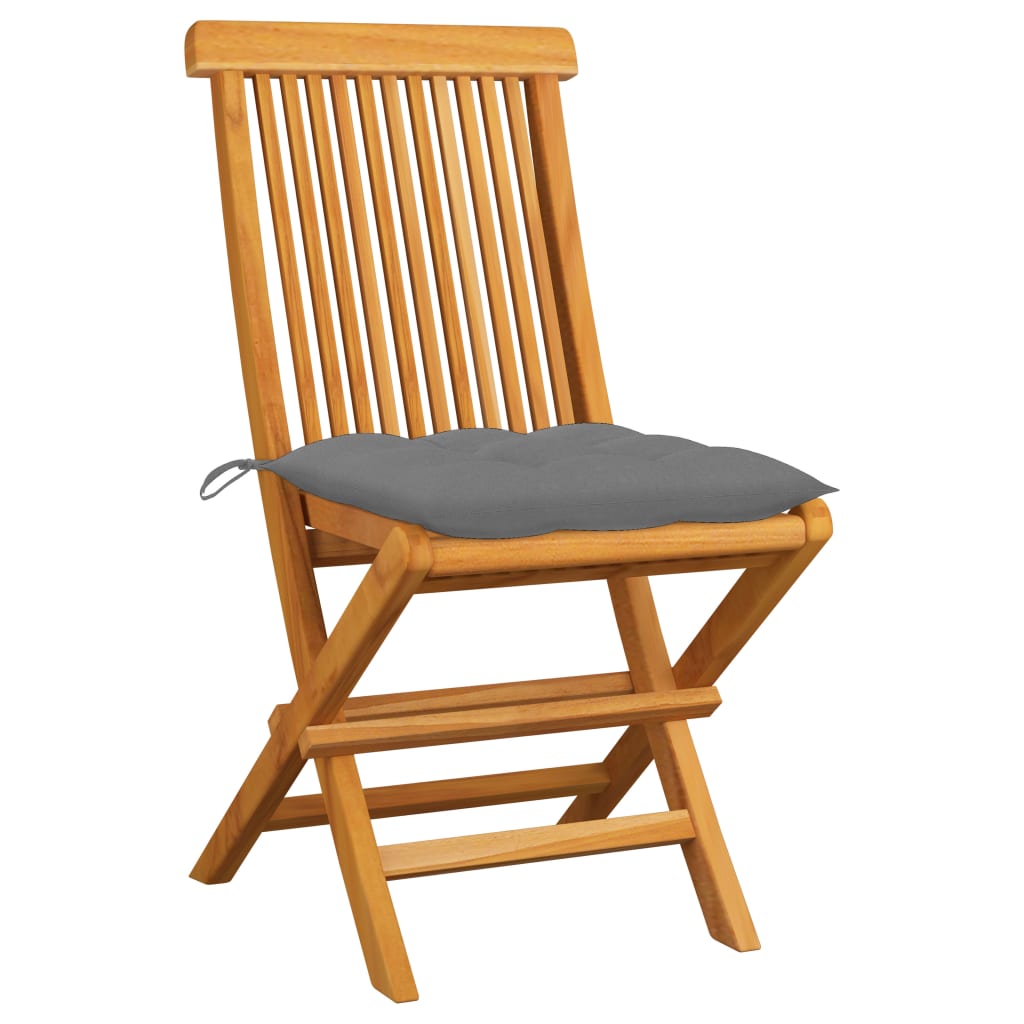 Klappstühle mit grauen Kissen, 2 Stück, Massivholz Teakholz