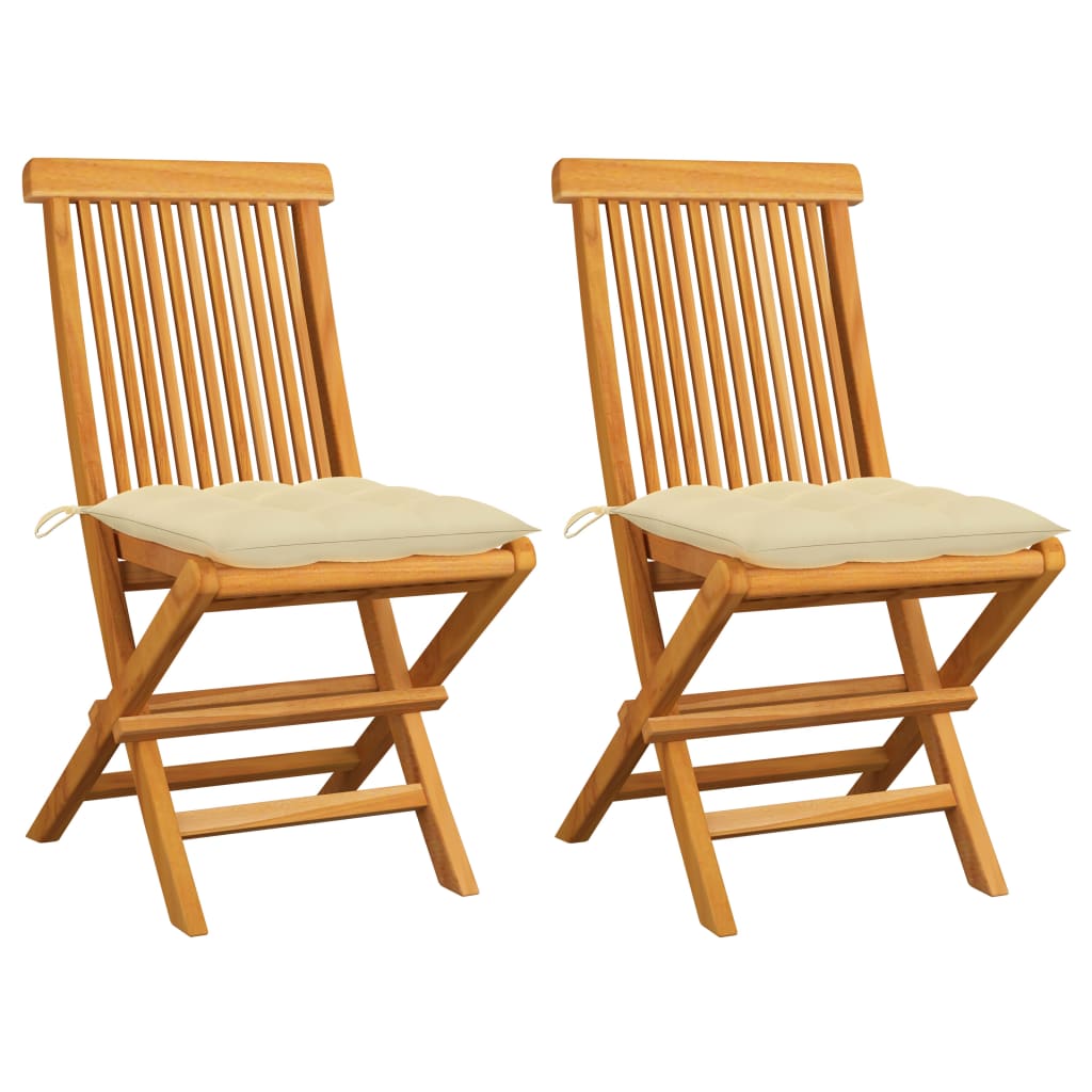 Klappstühle mit cremeweißen Kissen, 2 Stück, Massivholz Teakholz