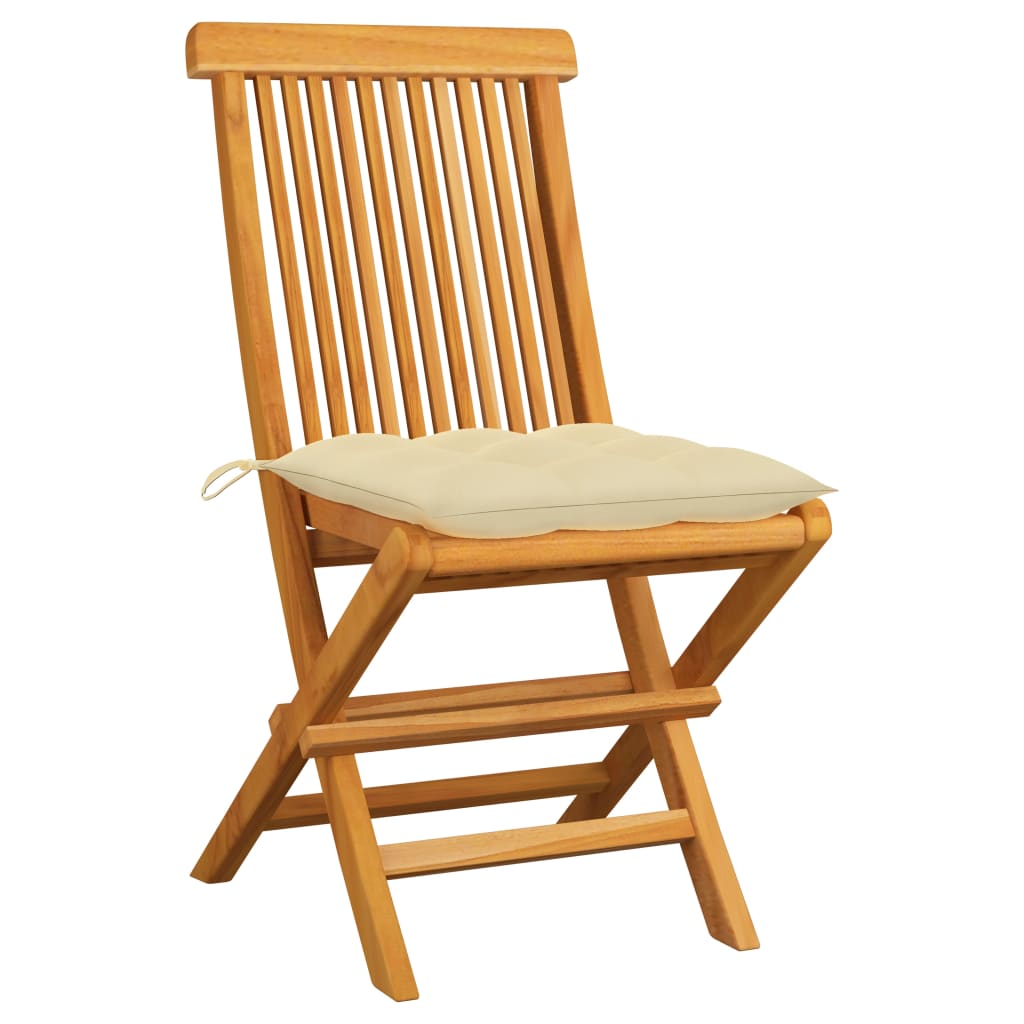 Klappstühle mit cremeweißen Kissen, 2 Stück, Massivholz Teakholz