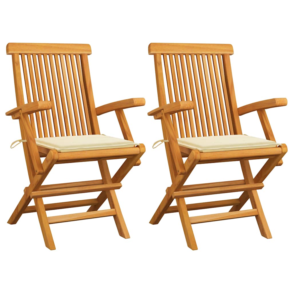 Klappstühle mit cremefarbenen Kissen, 2 Stück, Massivholz Teakholz