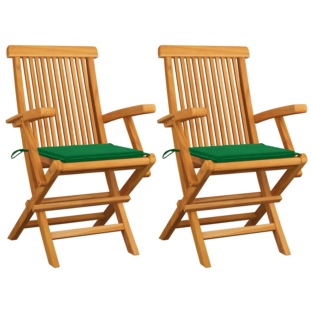 Klappstühle mit grünen Kissen, 2 Stück, Massivholz Teakholz