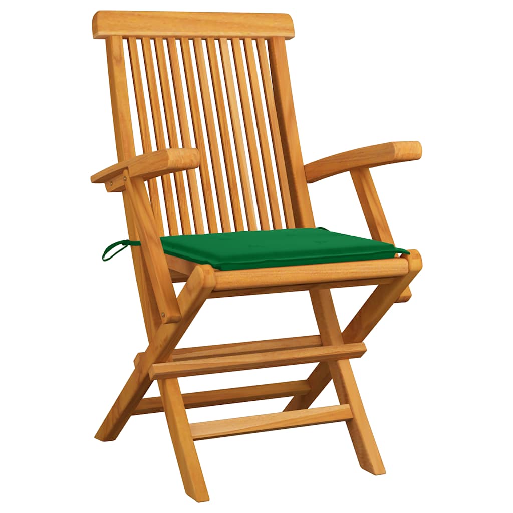 Klappstühle mit grünen Kissen, 2 Stück, Massivholz Teakholz