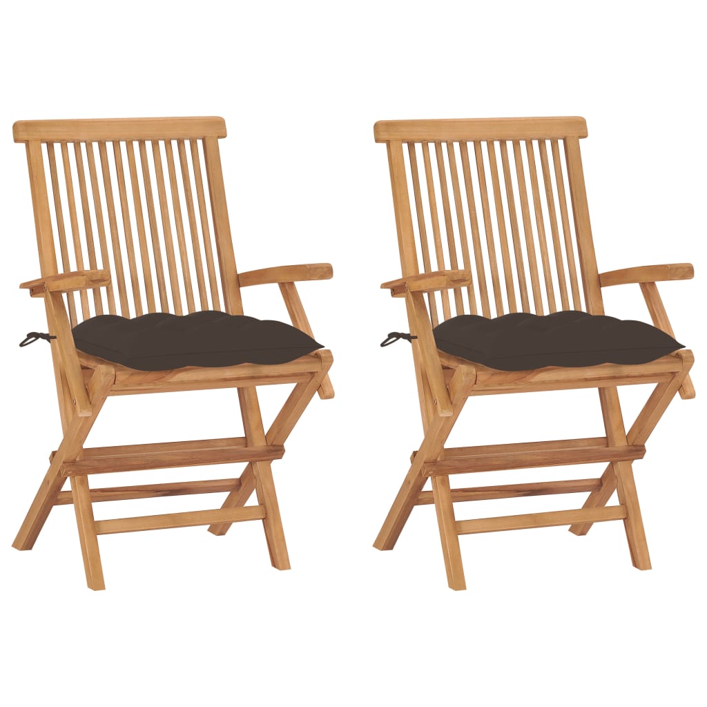 Klappstühle mit taupefarbenen Kissen, 2 Stück, Massivholz Teakholz