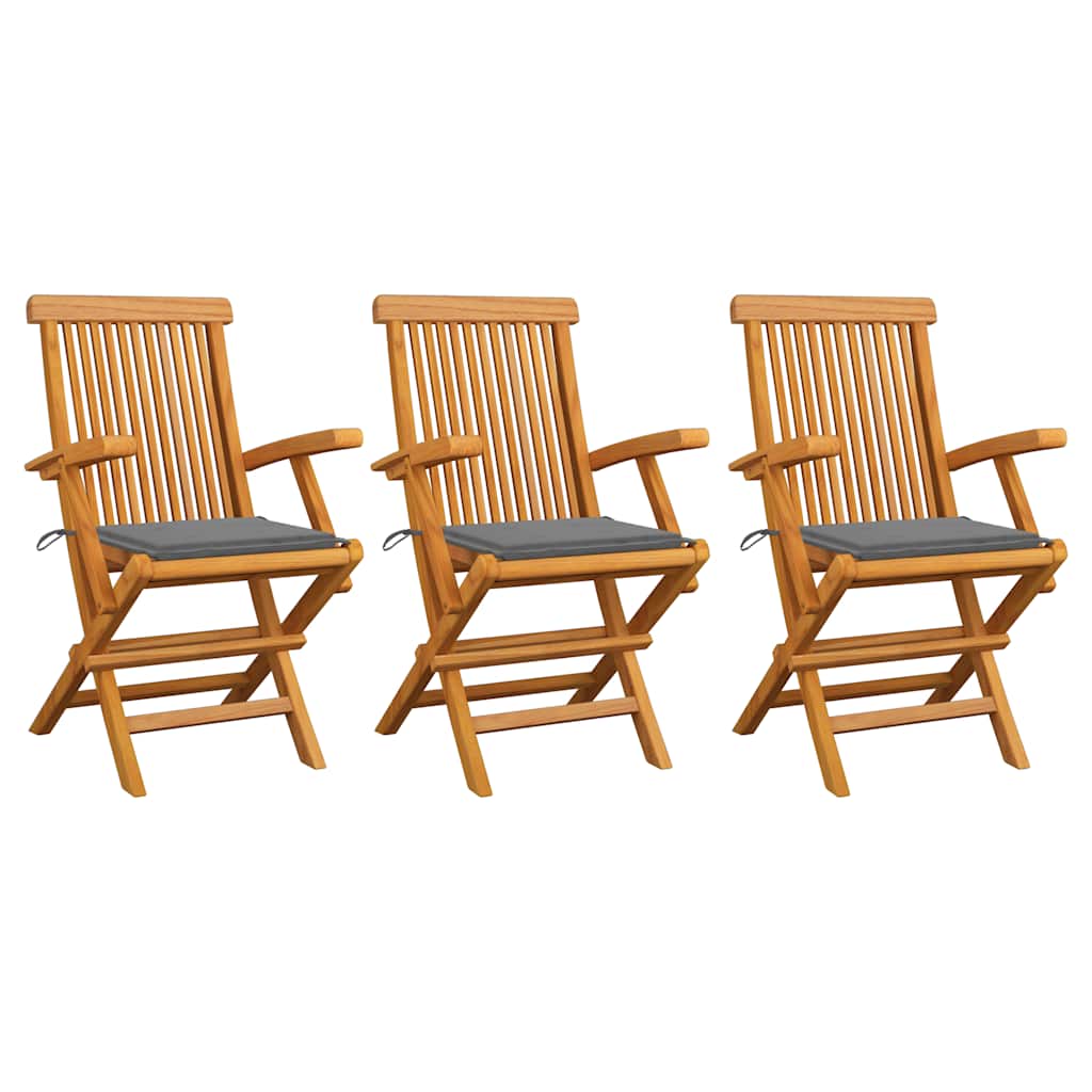Klappstühle mit grauen Kissen, 3-teilig, Massivholz Teakholz