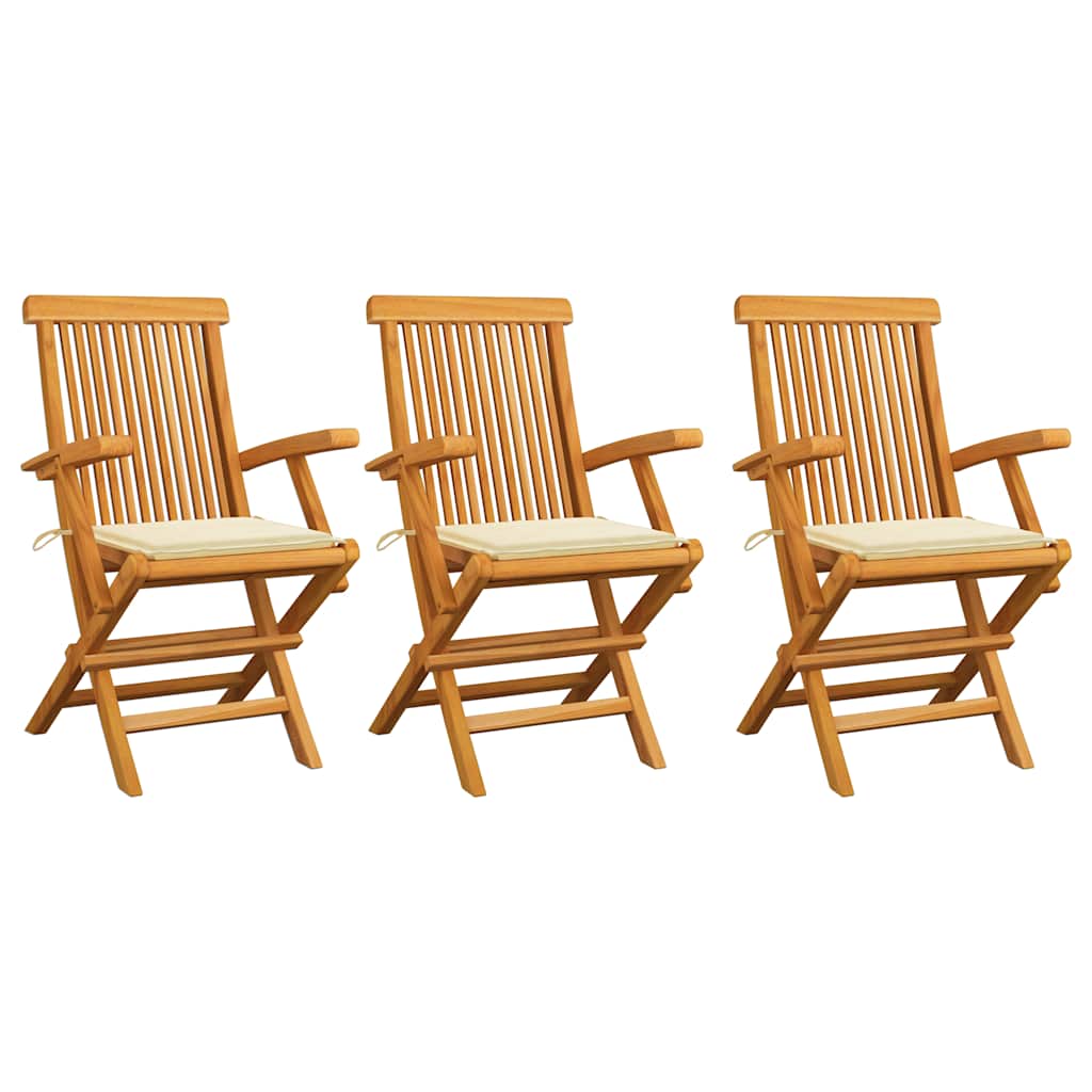 Klappstühle mit cremefarbenen Kissen, 3-teilig, Massivholz Teakholz