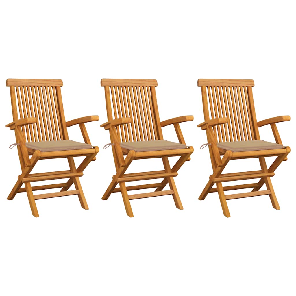 Klappstühle mit beigen Kissen, 3-teilig, Massivholz Teakholz