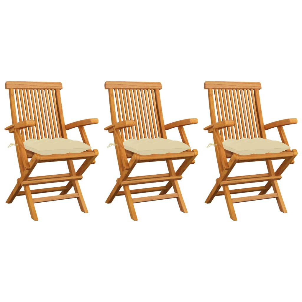 Klappstühle mit cremeweißen Kissen, 3-teilig, Massivholz Teakholz