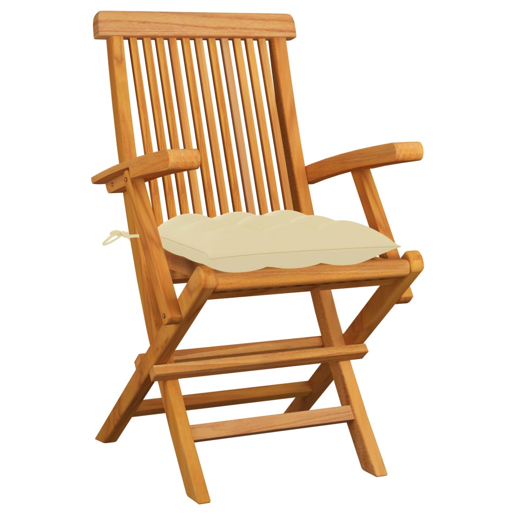 Klappstühle mit cremeweißen Kissen, 3-teilig, Massivholz Teakholz