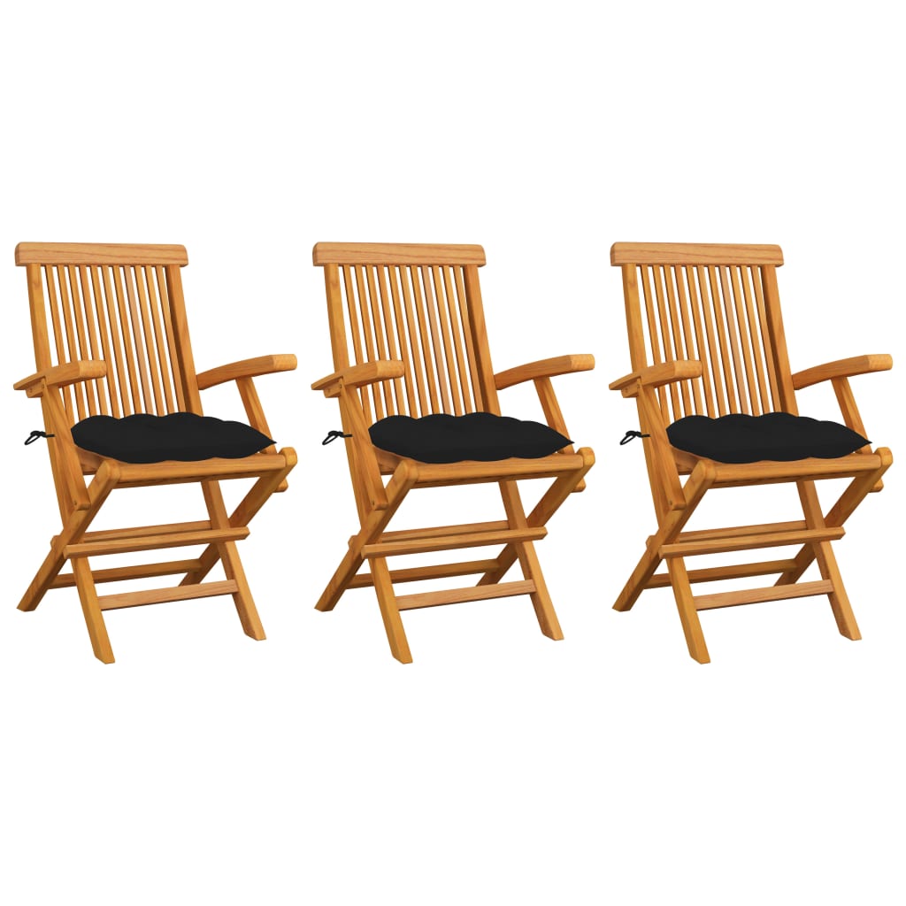 Klappstühle mit schwarzen Kissen, 3-teilig, Massivholz Teakholz
