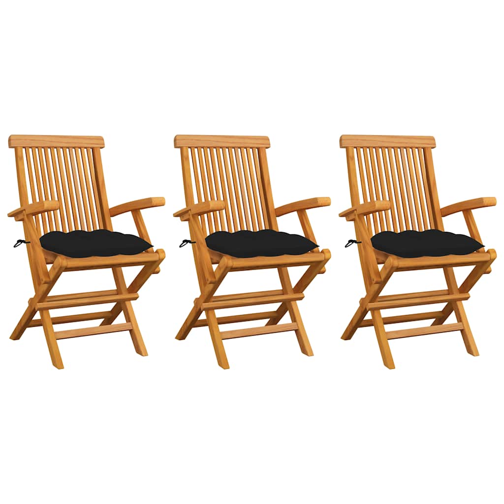 Klappstühle mit schwarzen Kissen, 3-teilig, Massivholz Teakholz