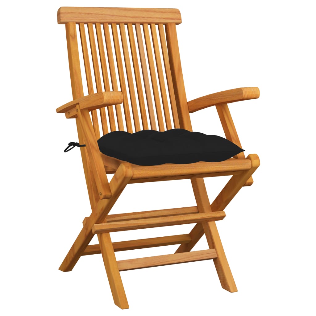 Klappstühle mit schwarzen Kissen, 3-teilig, Massivholz Teakholz