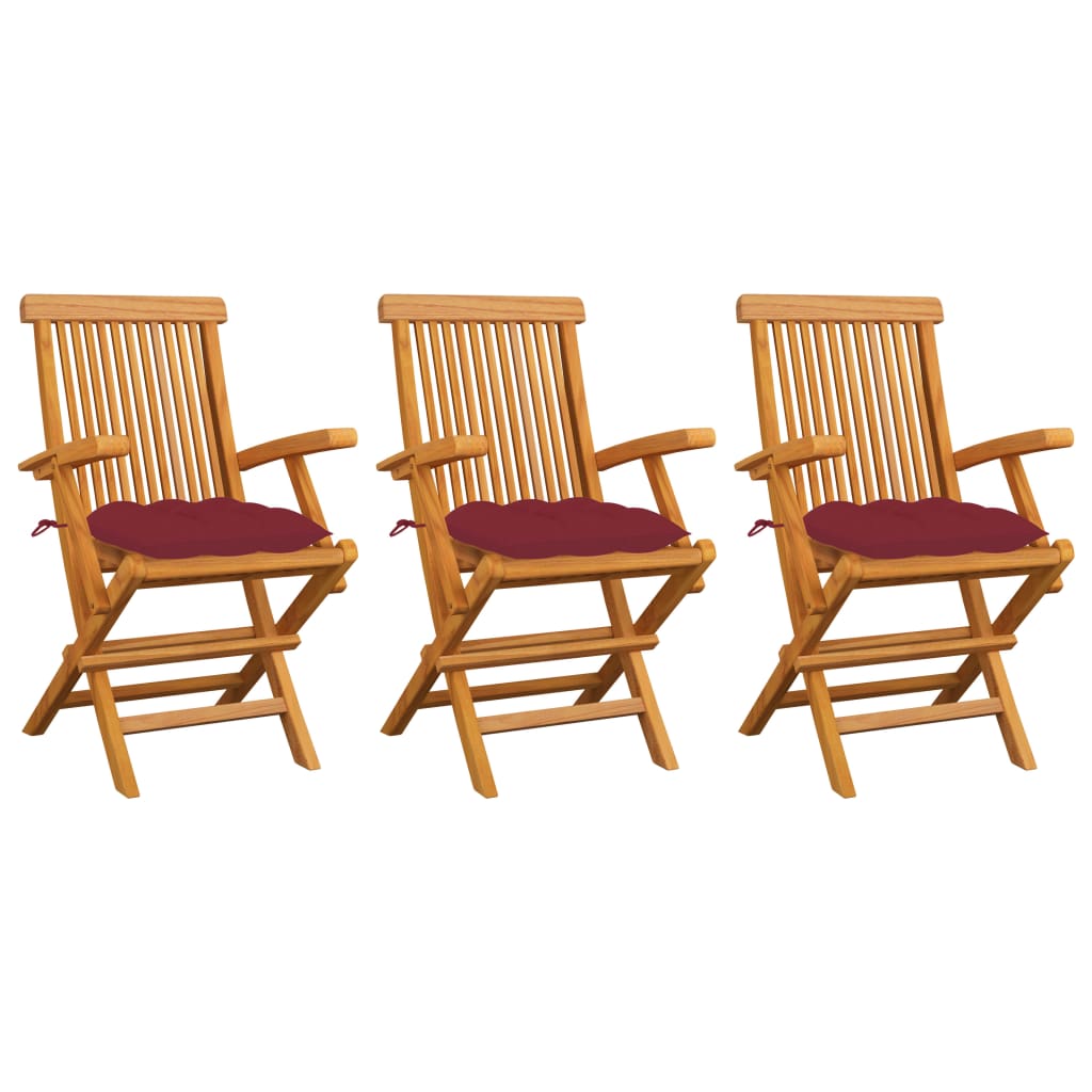 Klappstühle mit weinroten Kissen, 3-teilig, Massivholz Teakholz