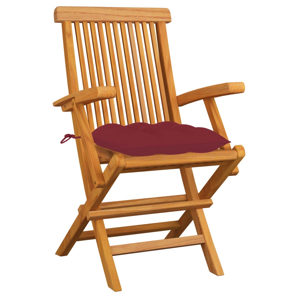 Klappstühle mit weinroten Kissen, 3-teilig, Massivholz Teakholz