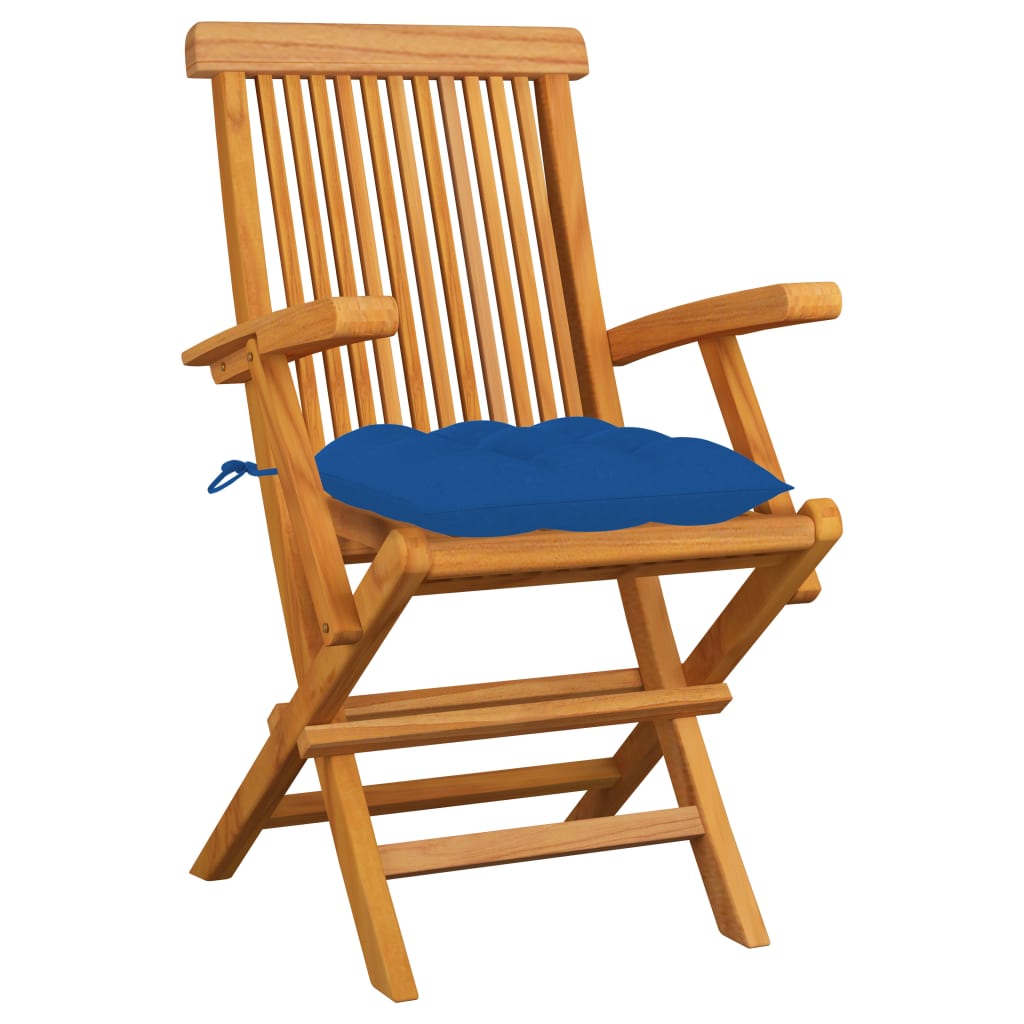 Klappstühle mit blauen Kissen, 3-teilig, Massivholz Teakholz