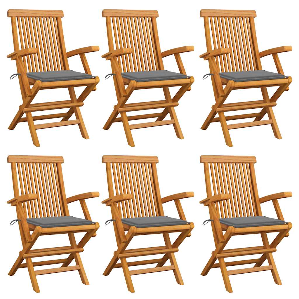 Klappstühle mit grauen Kissen, 6-teilig, Massivholz Teakholz