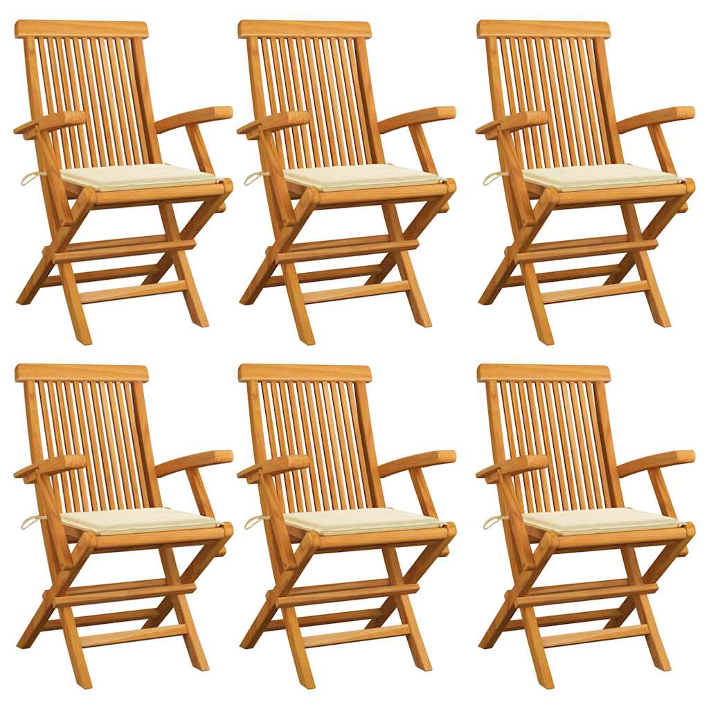 Klappstühle mit cremefarbenen Kissen, 6-teilig, Massivholz Teakholz