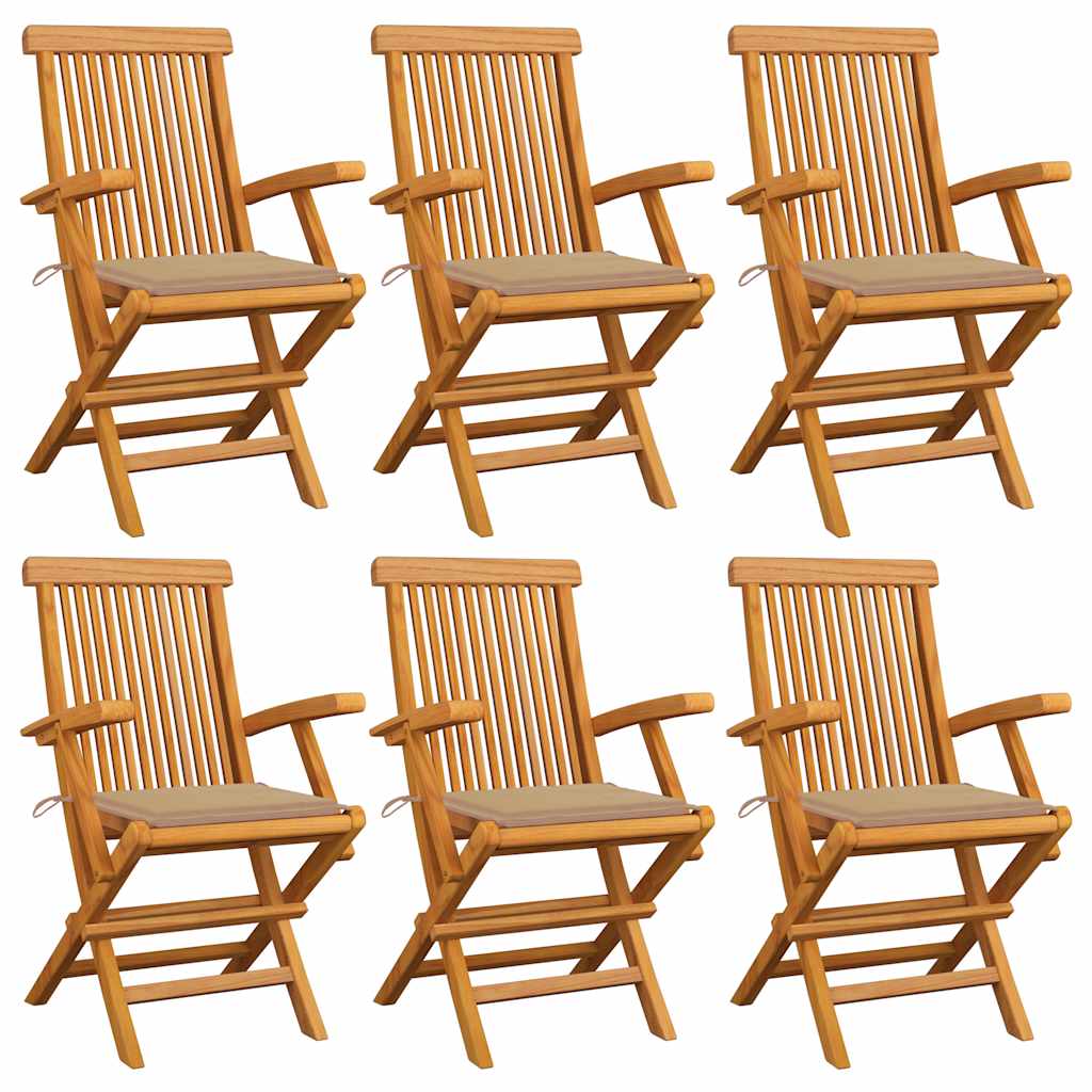 Klappstühle mit beigen Kissen, 6-teilig, Massivholz Teakholz