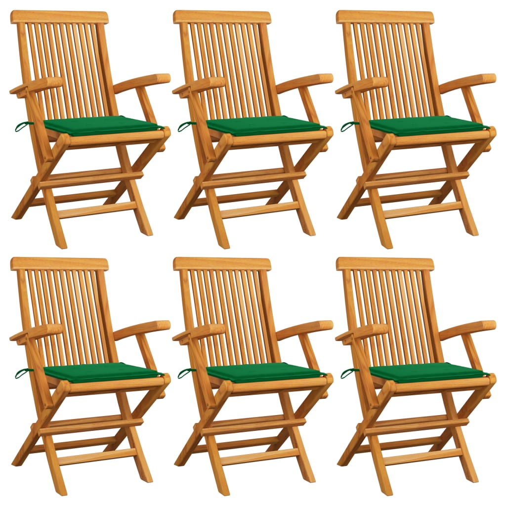 Klappstühle mit grünen Kissen, 6 Stück, Massivholz Teakholz
