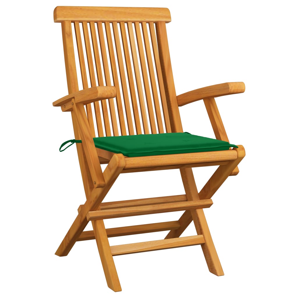 Klappstühle mit grünen Kissen, 6 Stück, Massivholz Teakholz
