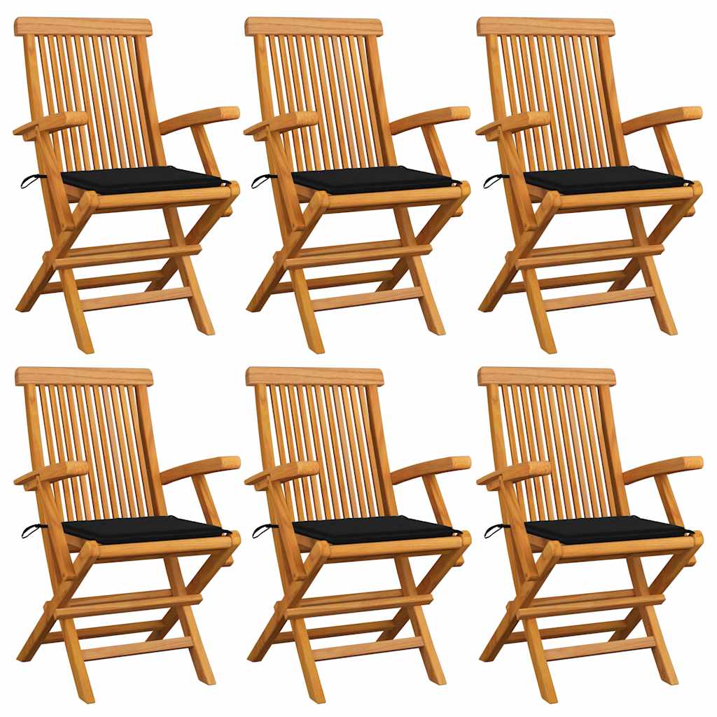 Klappstühle mit schwarzen Kissen, 6-teilig, Massivholz Teakholz