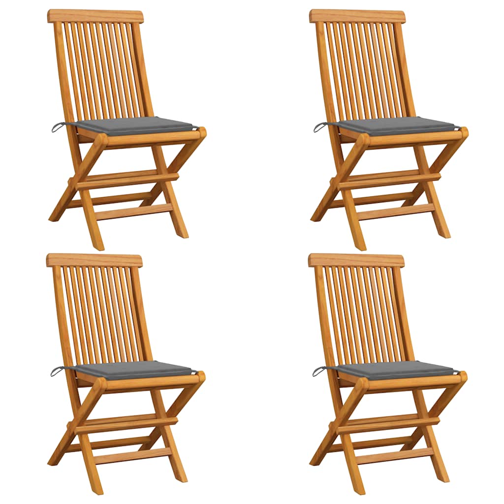 Klappstühle mit grauen Kissen, 4 Stück, Massivholz Teakholz