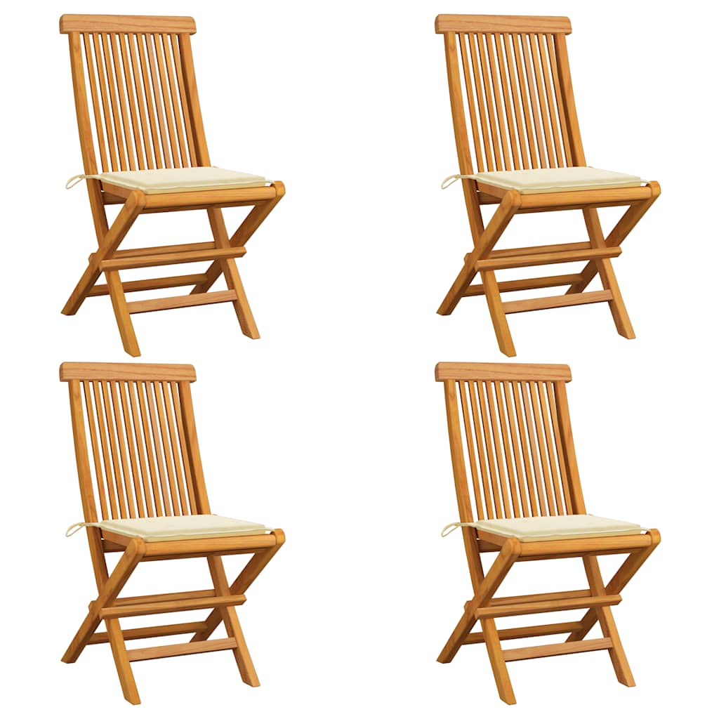 Klappstühle mit cremefarbenen Kissen, 4 Stück, Massivholz Teakholz