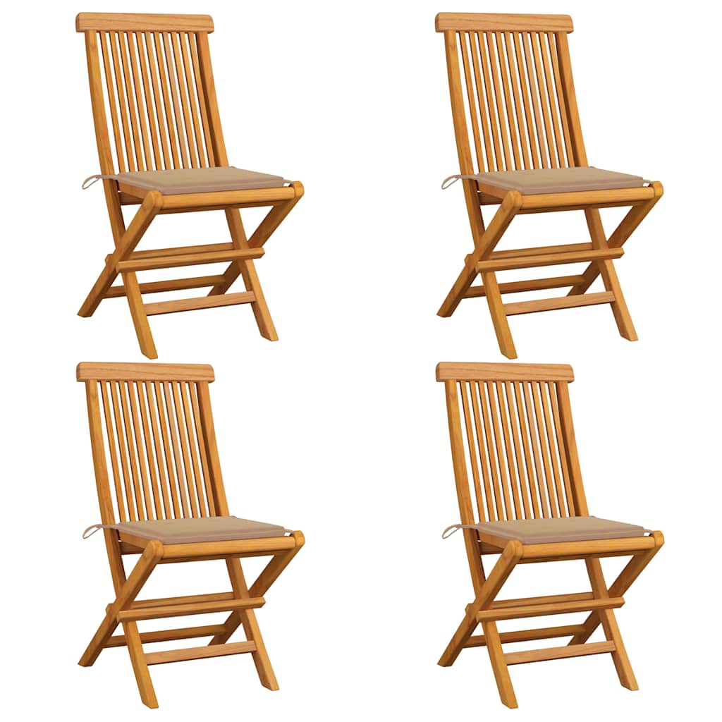 Klappstühle mit beigen Kissen, 4 Stück, Massivholz Teakholz