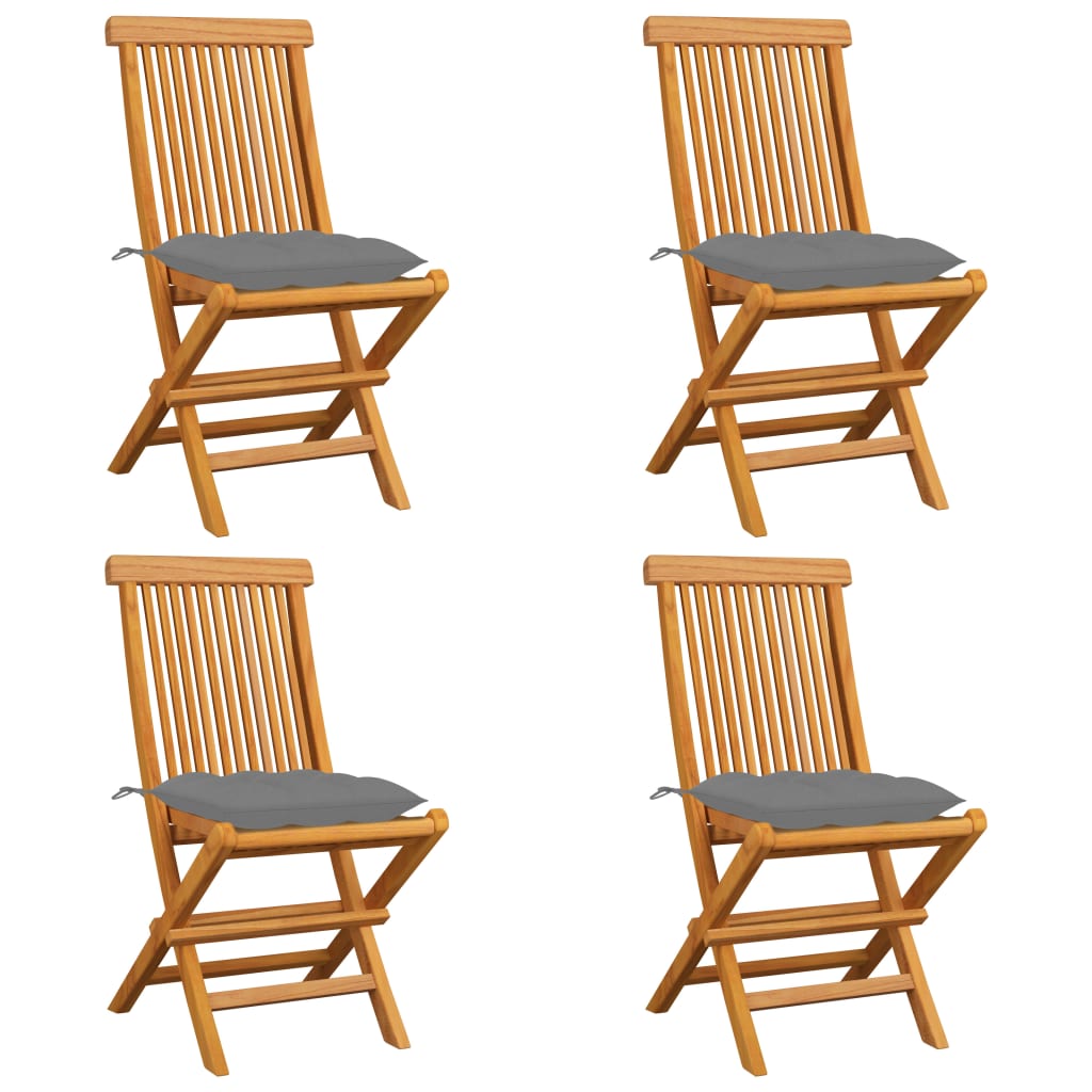 Klappstühle mit grauen Kissen, 4 Stück, Massivholz Teakholz
