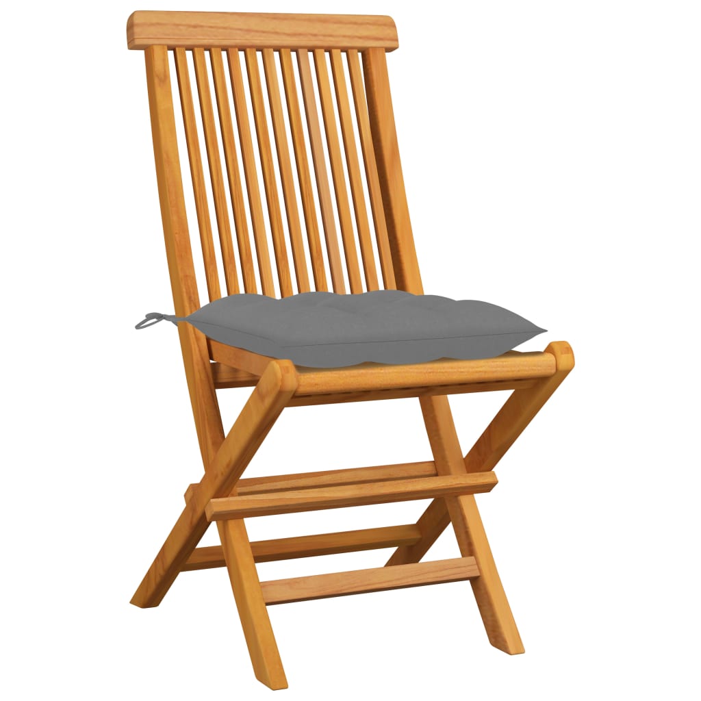 Klappstühle mit grauen Kissen, 4 Stück, Massivholz Teakholz