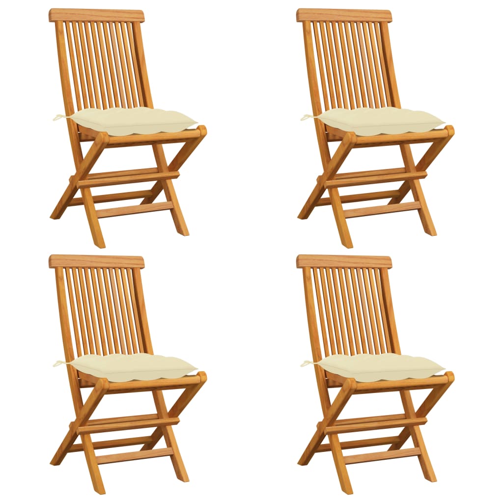Klappstühle mit cremeweißen Kissen, 4 Stück, Massivholz Teakholz
