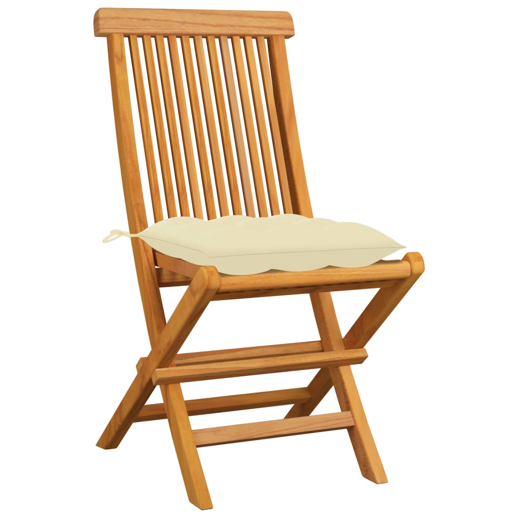 Klappstühle mit cremeweißen Kissen, 4 Stück, Massivholz Teakholz