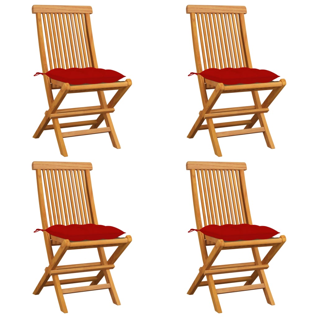 Klappstühle mit roten Kissen, 4 Stück, Massivholz Teakholz