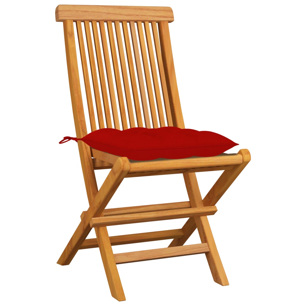 Klappstühle mit roten Kissen, 4 Stück, Massivholz Teakholz