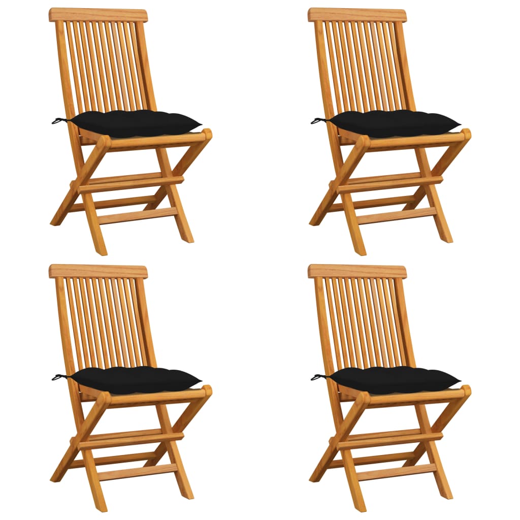 Klappstühle mit schwarzen Kissen, 4 Stück, Massivholz Teakholz