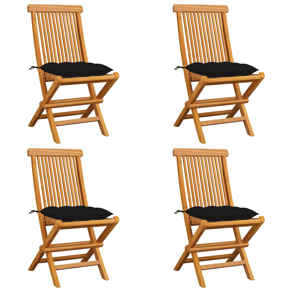 Klappstühle mit schwarzen Kissen, 4 Stück, Massivholz Teakholz