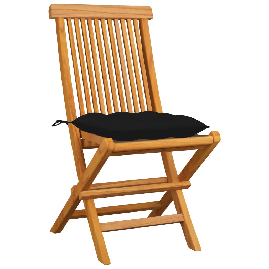 Klappstühle mit schwarzen Kissen, 4 Stück, Massivholz Teakholz