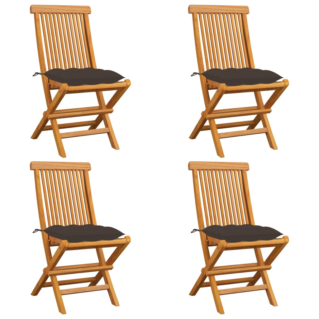 Klappstühle mit taupefarbenen Kissen, 4-teilig, Massivholz Teakholz