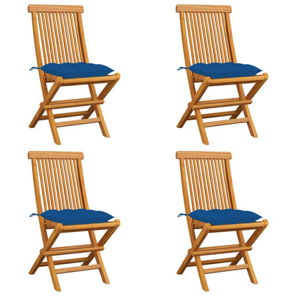 Klappstühle mit blauen Kissen, 4 Stück, Massivholz Teakholz