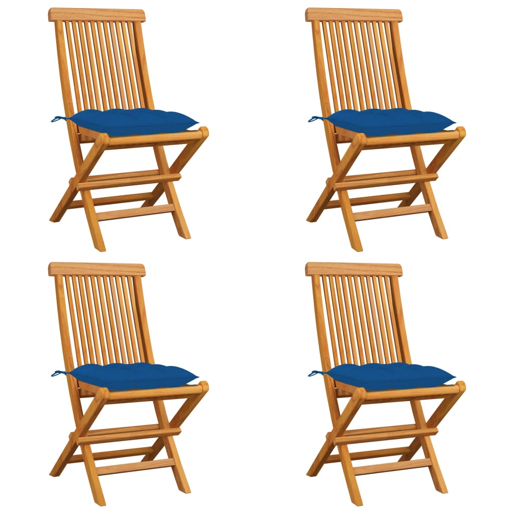 Klappstühle mit blauen Kissen, 4 Stück, Massivholz Teakholz