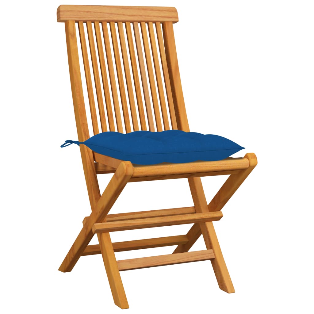 Klappstühle mit blauen Kissen, 4 Stück, Massivholz Teakholz
