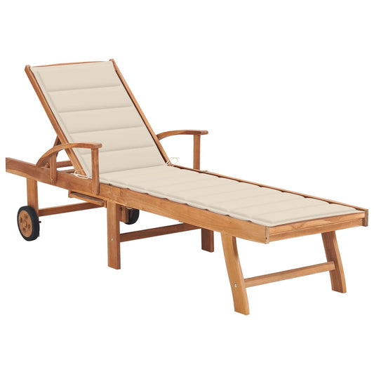 Chaise longue avec coussin en bois de teck massif crème