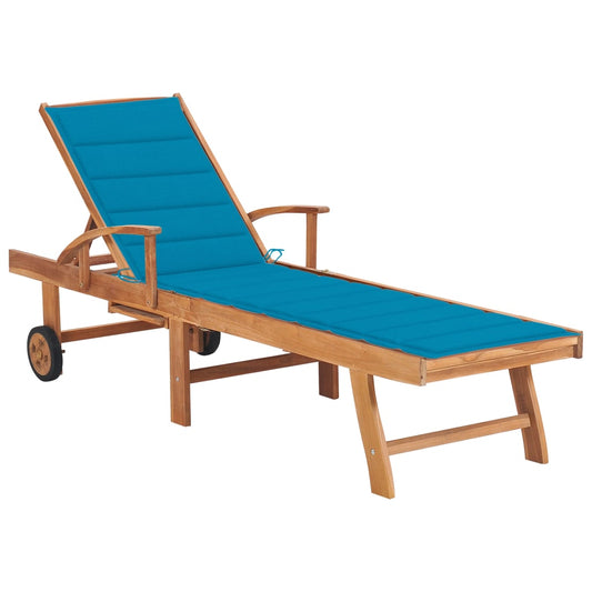Chaise longue avec coussin en bois de teck massif bleu
