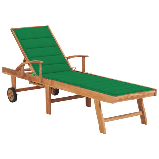 Chaise longue avec coussin en bois de teck massif vert