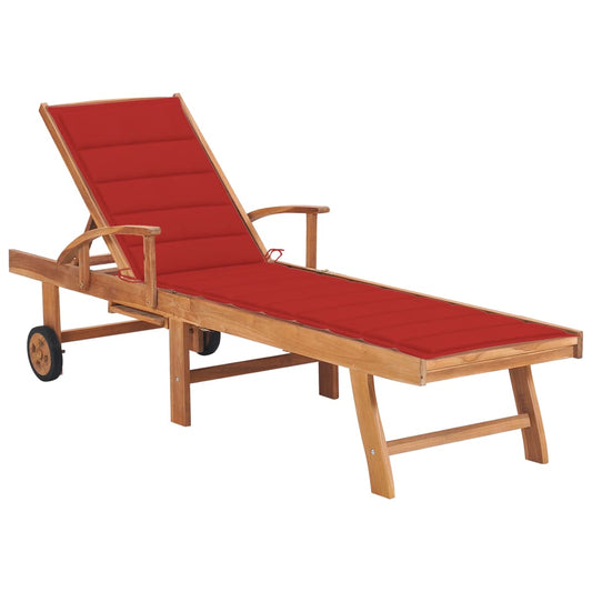 Chaise longue avec coussin en bois de teck massif rouge